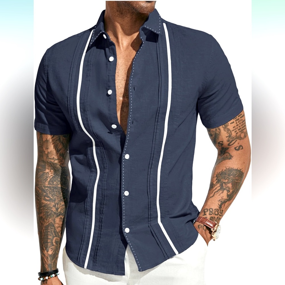 NWT PJ PAUL JONES Navy Button Down Linen Cuban Guayabera Shirt, size X Large